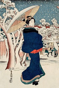 Famous Places in the Eastern Capital: The Year-end Fair at Asakusa (1854), vintage Japanese woman illustration by Utagawa Kunisada. Original public domain image from The Los Angeles County Museum of Art. Digitally enhanced by rawpixel.