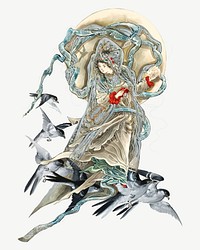 Woman with Birds, vintage illustration by Toshio Aoki psd. Remixed by rawpixel.