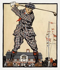 Man swinging golf club (1915), vintage illustration by Edward Penfield. Original public domain image from the Library of Congress. Digitally enhanced by rawpixel.