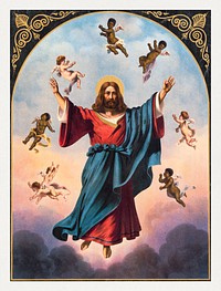 Christ in majesty with black and white putti (1882), vintage religious illustration. Original public domain image from the Library of Congress. Digitally enhanced by rawpixel.