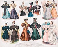 Quarterly report of metropolitan fashions. Herbst (1895), Victorian era women's fashion illustration. Original public domain image from the Library of Congress. Digitally enhanced by rawpixel.