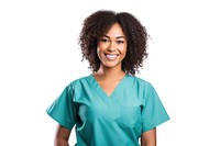 Smiling adult nurse white background. 