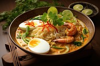 Seafood noodle soup meal. 