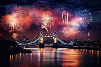 Fireworks architecture cityscape bridge. 