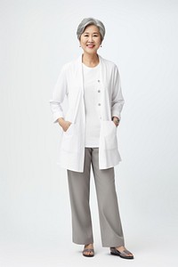 Adult woman white background outerwear. 