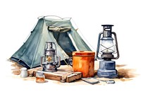 Vintage camping gear watercolor illustration.