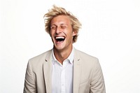 Laughing adult man white background. 