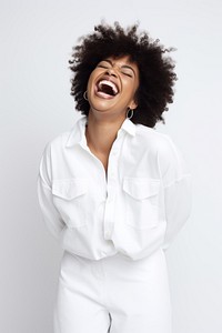 Laughing adult white white background. 