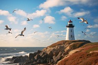Seagull flying architecture lighthouse. AI generated Image by rawpixel.