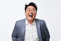 Laughing adult man white background. 