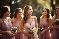 Bridesmaid laughing outdoors wedding. 