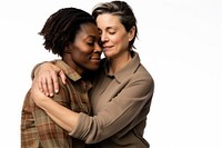 Hugging adult woman white background. 