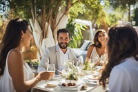 Laughing outdoors talking dining. 