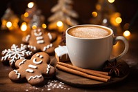 Close up Gingerbread cookie and hot chocolate for Christmas --ar 3:2