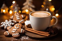 Close up Gingerbread cookie and hot chocolate for Christmas 