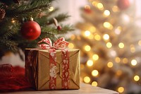 Realistic sideÂ -Â angle closeup a hand carrying a present next to a Christmas tree with various ornaments,Â natural lightÂ --ar 3:2