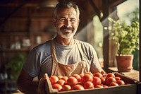 Portrait organic holding tomato. 