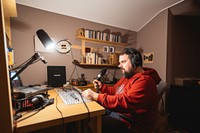 Headphones furniture sitting studio. 