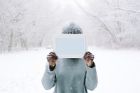 Snow blizzard portrait outdoors. 