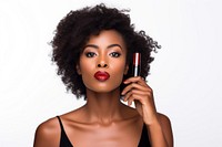 Lipstick cosmetics portrait applying. 