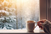 Window coffee cup windowsill. 