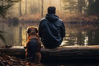 Sitting dog outdoors nature. 