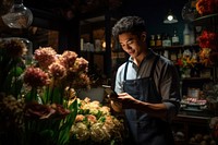 Flower entrepreneur illuminated flower shop. AI generated Image by rawpixel.
