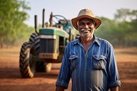 Outdoors portrait tractor smiling. 