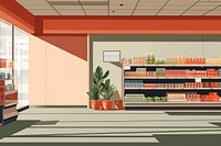 Supermarket indoors architecture arrangement. 