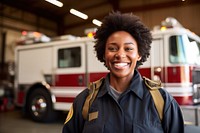 Firefighter standing vehicle smiling. 