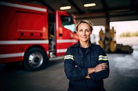 Firefighter standing vehicle smiling. 