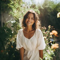 Outdoors smile dress white. 