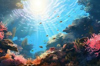 Underwater ocean sunlight aquarium, digital paint illustration. 