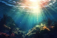 Underwater sunlight ocean outdoors, digital paint illustration. AI generated image