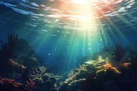 Underwater sunlight ocean outdoors, digital paint illustration. 