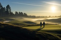 Golf standing outdoors morning. 