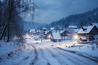 Village snow landscape outdoors. 