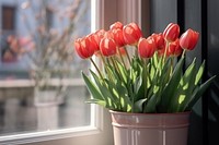 Window tulip windowsill flower. 