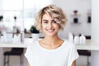 Smiling adult smile hairstyle. 