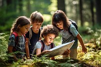 Student reading looking forest. 