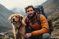 Backpack dog adventure mountain. 