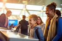 Smiling airport family adult. 