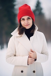 Coat portrait outdoors beanie. 