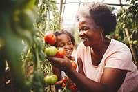 Woman picking tomatoes. 