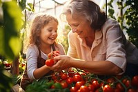 Grandmother cheerful picking tomato. 