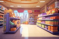 Supermarket cartoon architecture consumerism. 