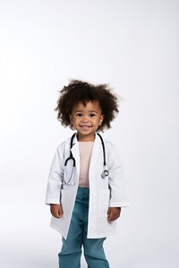 Black female toddler wearing doctor costume portrait child white background. 