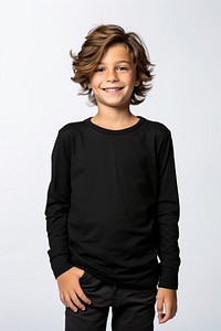 A kid smiling wearing a black long sleeve T-shirt portrait photography sweatshirt. 