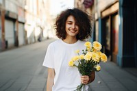 Cheerful holding street yellow. 