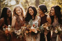 Bridesmaid laughing outdoors wedding. 